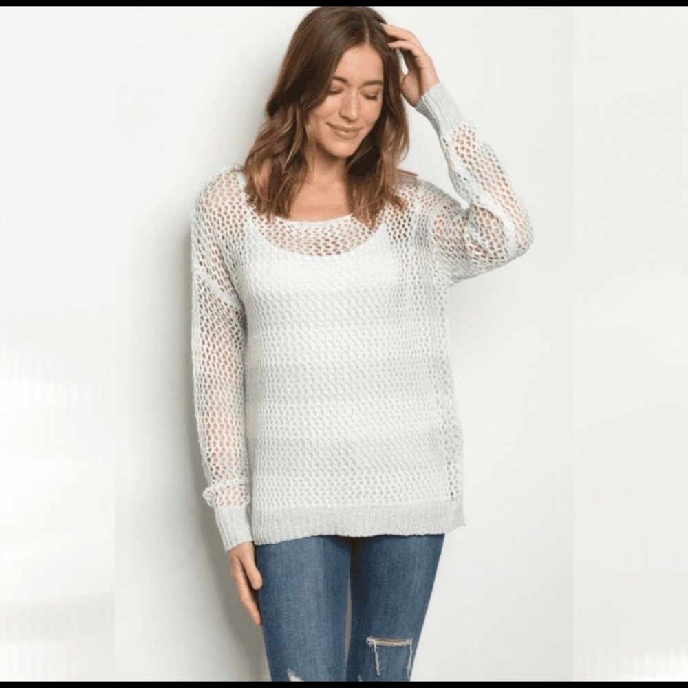 NWT Ivory/blue crocheted knit long sleeve sweater